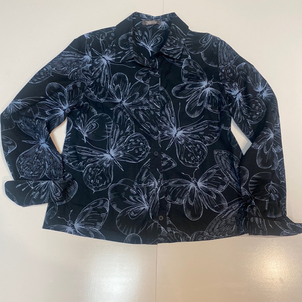 Lela Rose - Navy & Blue Butterfly Printed Cotton Blouse